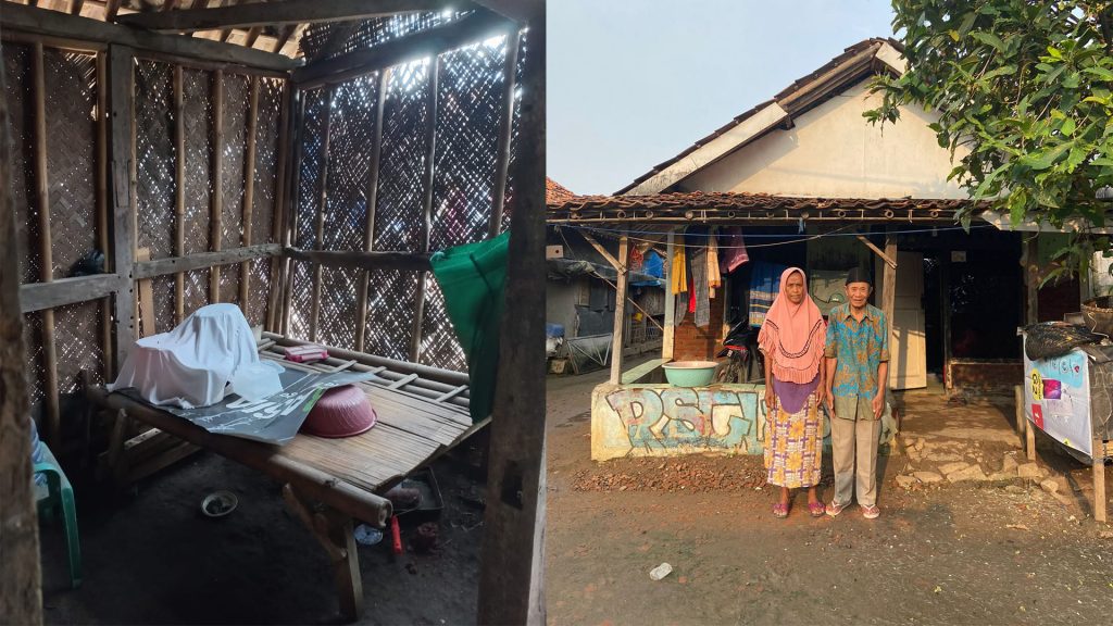 Asih (77 tahun) bersama suaminya Marwan (78 tahun) di depan rumah mereka di Desa Gintung, Sukadiri, Tangerang. Foto di sebelah kiri adalah dapur milik Ibu Asih, kondisi ini tak jauh berbeda dengan ruangan rumah lainnya.
